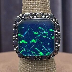 New Blue Dichroic Acrylic Silver Overlay Ring Size 7.75 w Decorative Band